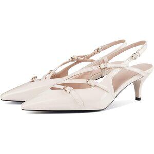 Women's Beige Slingback Pointed Toe Stiletto Buckle Strap Low Heel Pumps Shoes